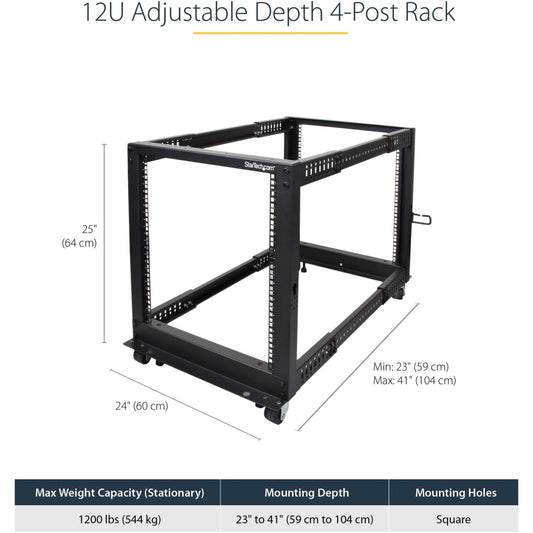 StarTech.com 4-Post 12U Mobile Open Frame Server Rack 19" Network Rack with Casters Rolling Rack for Computer/AV/Data/IT Equipment