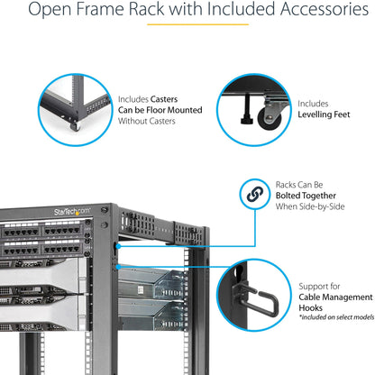 StarTech.com 4-Post 12U Mobile Open Frame Server Rack 19" Network Rack with Casters Rolling Rack for Computer/AV/Data/IT Equipment