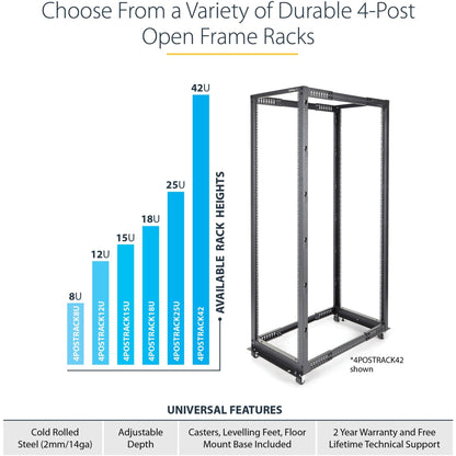 StarTech.com 4-Post 12U Mobile Open Frame Server Rack 19" Network Rack with Casters Rolling Rack for Computer/AV/Data/IT Equipment