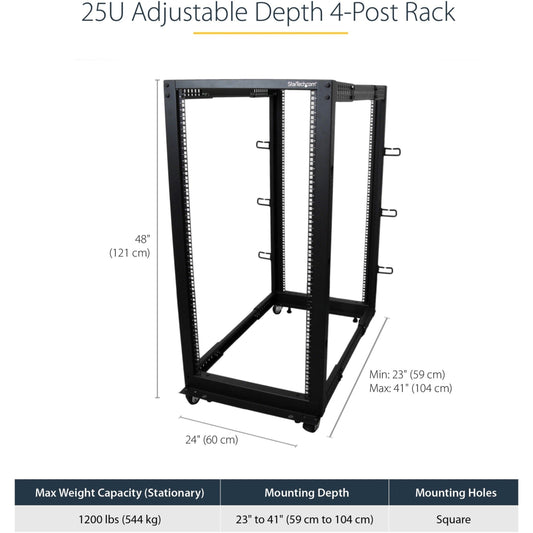 StarTech.com 4-Post 25U Mobile Open Frame Server Rack 19in Network Rack with Casters Rolling Rack for Computer/AV/Data/IT Equipment