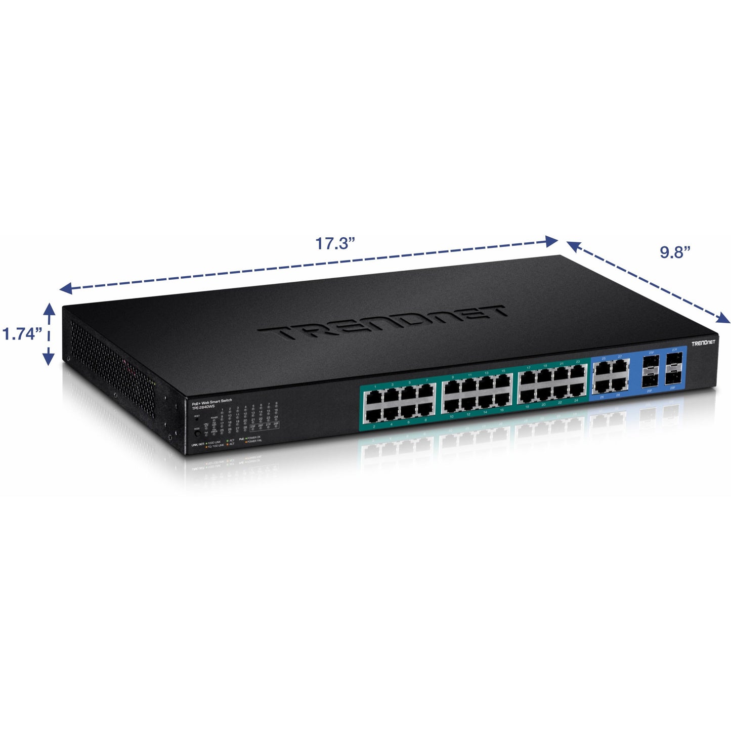 TRENDnet 28-Port Gigabit Web Smart PoE+ Switch 24 x Gigabit Ports 4 x Shared Gigabit Ports (RJ-45 or SFP) 185W PoE Budget 56Gbps Switching Capacity Lifetime Protection Black TPE-2840WS