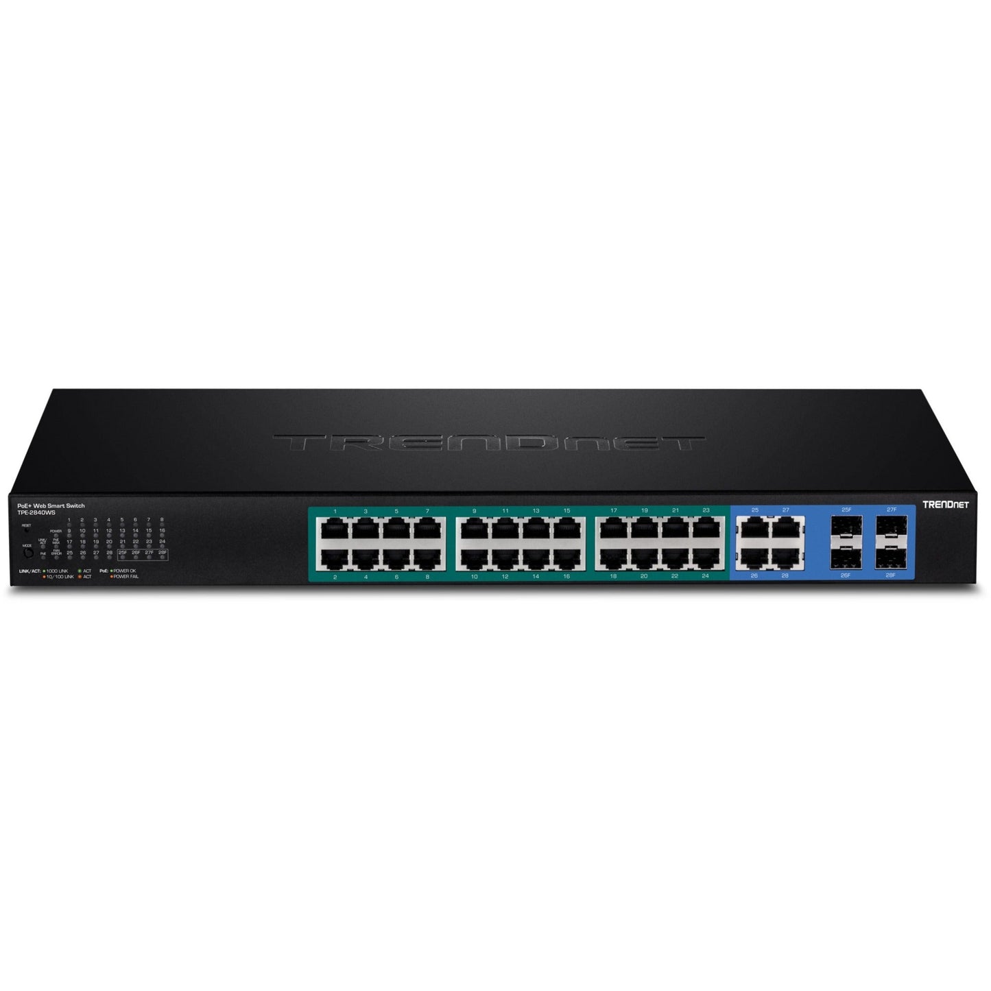 TRENDnet 28-Port Gigabit Web Smart PoE+ Switch 24 x Gigabit Ports 4 x Shared Gigabit Ports (RJ-45 or SFP) 185W PoE Budget 56Gbps Switching Capacity Lifetime Protection Black TPE-2840WS
