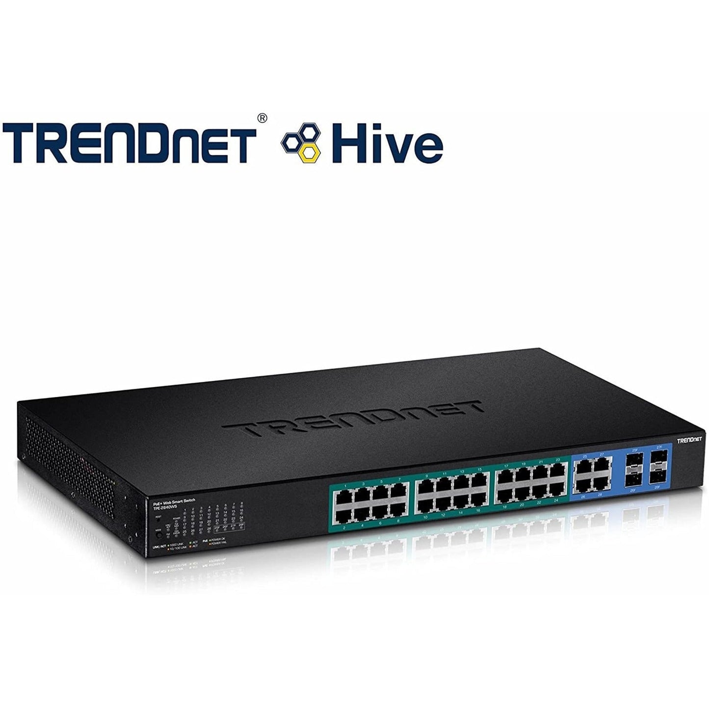 TRENDnet 28-Port Gigabit Web Smart PoE+ Switch 24 x Gigabit Ports 4 x Shared Gigabit Ports (RJ-45 or SFP) 185W PoE Budget 56Gbps Switching Capacity Lifetime Protection Black TPE-2840WS