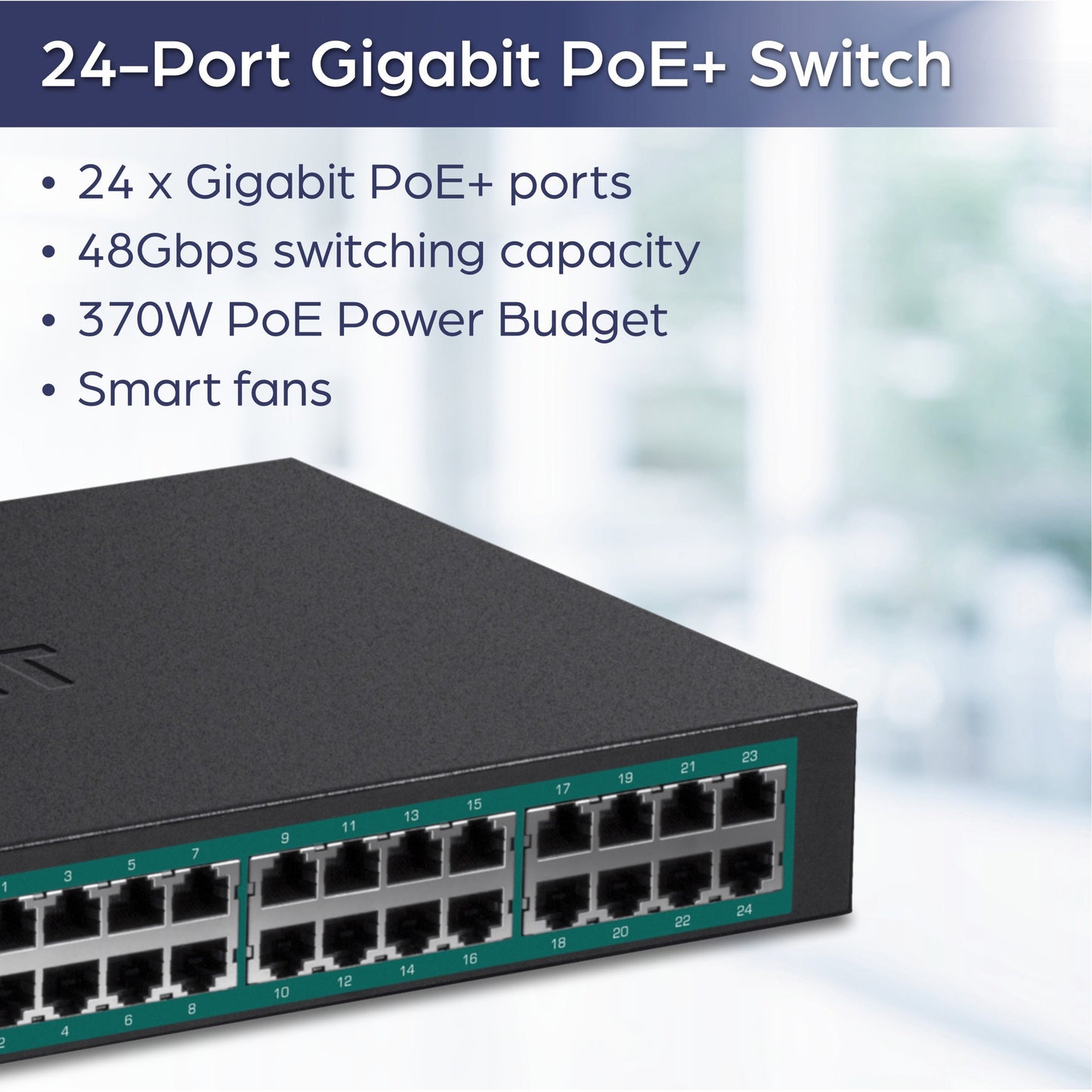 TRENDnet 24-Port Gigabit PoE+ Switch 24 x Gigabit PoE+ Ports 370W Power Budget 48Gbps Switch Capacity RackMount Kit Included Ethernet Network Switch Metal Lifetime Protection Black TPE-TG240G