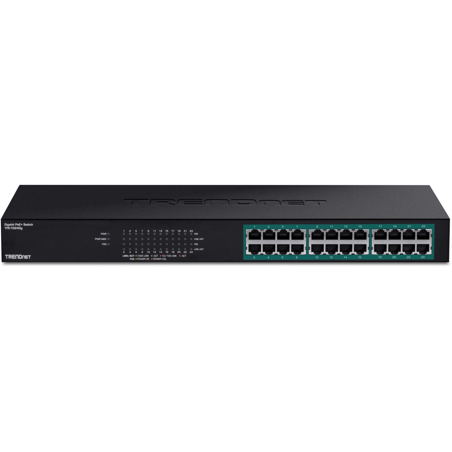 TRENDnet 24-Port Gigabit PoE+ Switch 24 x Gigabit PoE+ Ports 370W Power Budget 48Gbps Switch Capacity RackMount Kit Included Ethernet Network Switch Metal Lifetime Protection Black TPE-TG240G