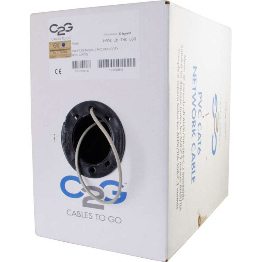 C2G 1000ft Cat6 Bulk Ethernet Network Cable-Solid UTP-Riser CMR Gray TAA