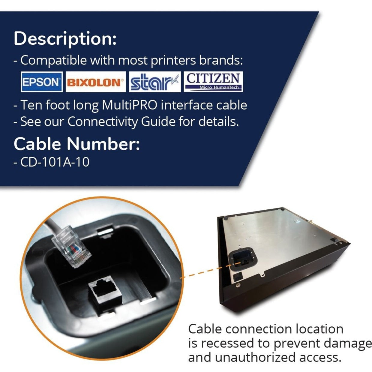 APG Printer Interface Cable | CD-101A-10 Cable for Cash Drawer to Printer | 1 x RJ-12 Male - 1 x RJ-45 Male | Connects to EPSON and Star Printers | 10' Length