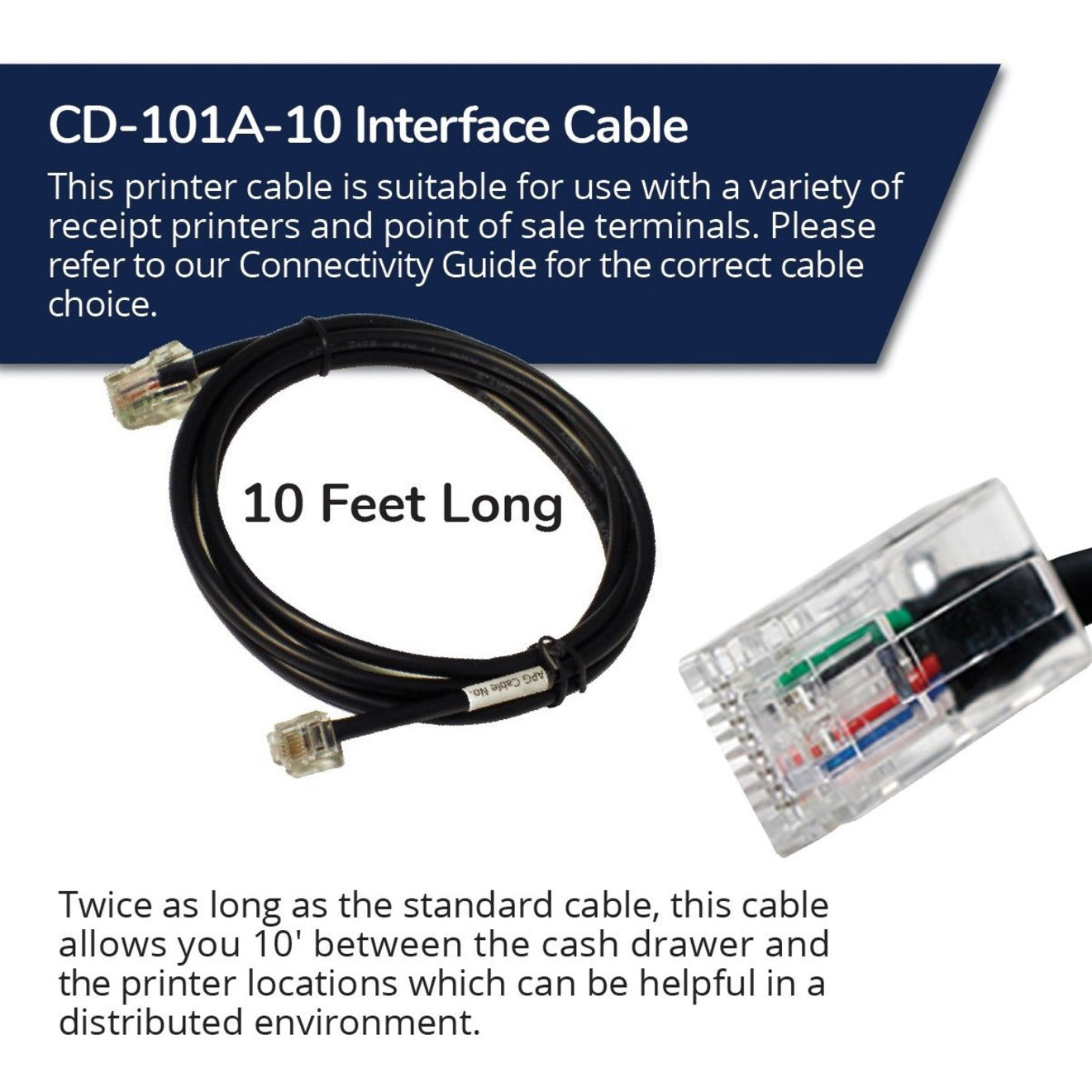 APG Printer Interface Cable | CD-101A-10 Cable for Cash Drawer to Printer | 1 x RJ-12 Male - 1 x RJ-45 Male | Connects to EPSON and Star Printers | 10' Length