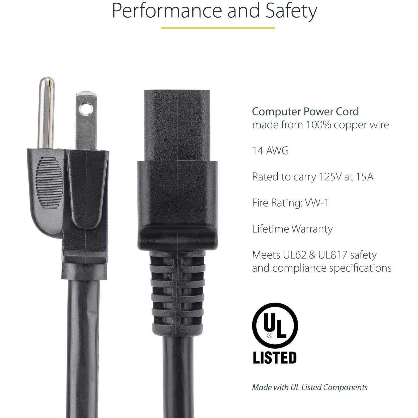 StarTech.com 3ft (1m) Heavy Duty Power Cord NEMA 5-15P to C19 15A 125V 14AWG Computer Power Cord Heavy Gauge Power Cable