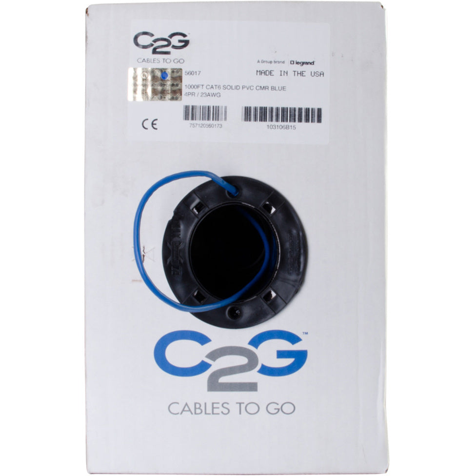 C2G 1000ft Cat6 Bulk Ethernet Network Cable-Solid UTP-Riser CMR Blue TAA