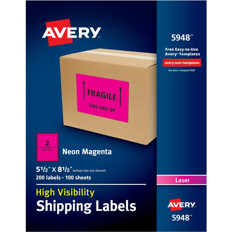 Avery&reg; Neon Shipping Labels for Laser Printers 5-1/2" x 8-1/2"  200 Pink Labels (5948)