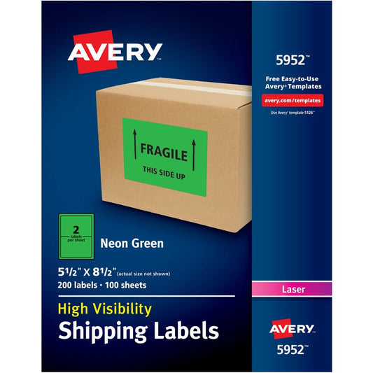 Avery&reg; Neon Shipping Labels for Laser Printers 5-1/2" x 8-1/2"  200 Neon Green Labels (5952)
