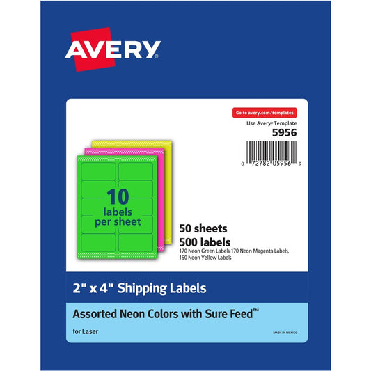 Avery&reg; 2"x 4" Neon Shipping Labels with Sure Feed&reg;for Laser Printers Assorted: Green Pink Yellow Labels 500 Neon Labels (5956)