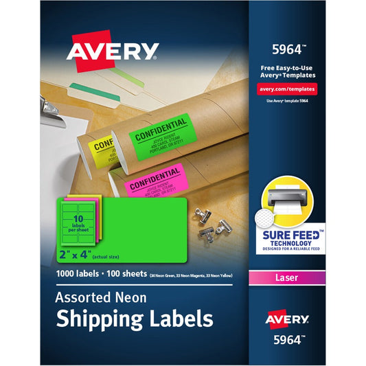 Avery&reg; 2"x 4" Neon Shipping Labels with Sure Feed&reg; for Laser Printers Assorted: Green Pink Yellow Labels 1000 Neon Labels (5964)