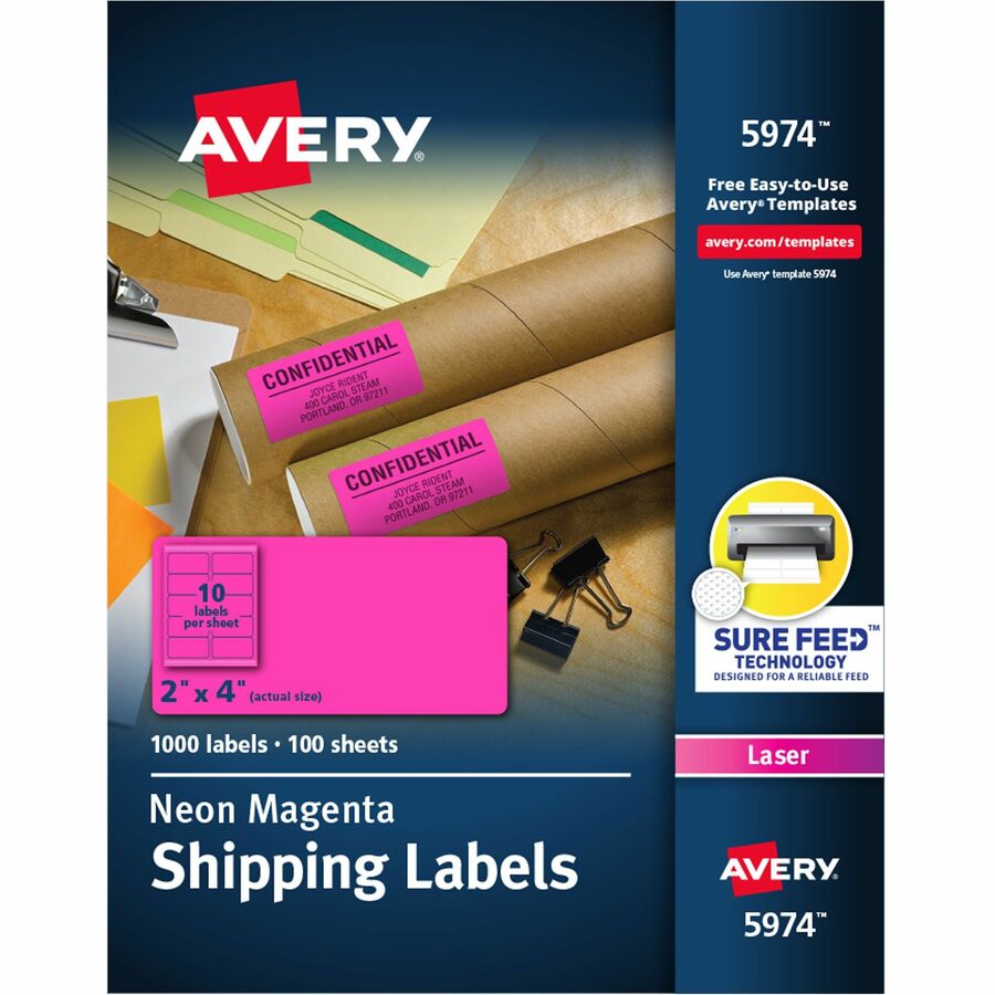 Avery&reg; 2"x 4" Neon Shipping Labels with Sure Feed&reg; neon Pink labels for Laser Printers 1000 Neon Labels (5974)