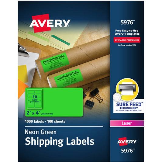 Avery&reg; 2"x 4" Neon Shipping Labels with Sure Feed&reg; Neon Green Labels for Laser Printers 1000 Neon Labels (5976)