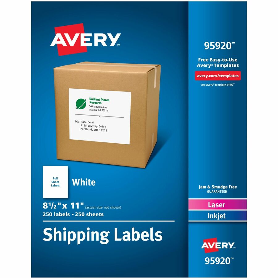 Avery&reg; Shipping Address Labels Laser & Inkjet Printers 250 Labels Full Sheet Labels Permanent Adhesive (95920)