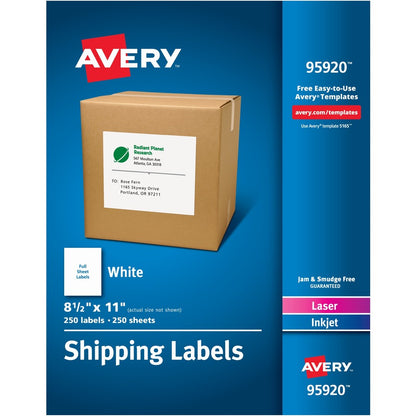 Avery&reg; Shipping Address Labels Laser & Inkjet Printers 250 Labels Full Sheet Labels Permanent Adhesive (95920)