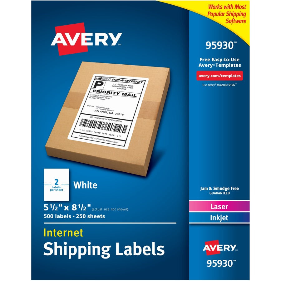 Avery&reg; Shipping Address Labels Laser & Inkjet Printers 500 Labels Half Sheet Labels Permanent Adhesive (95930)