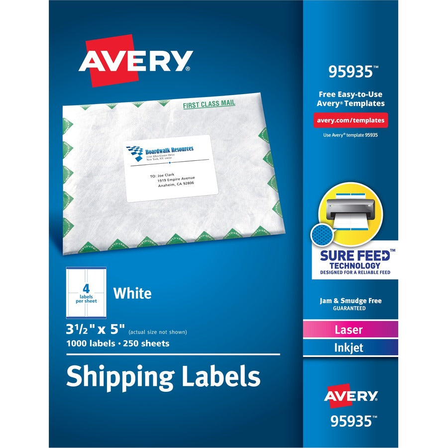 Avery&reg; Shipping Labels Sure Feed&reg; Technology Permanent Adhesive 3-1/2" x 5"  1000 Labels (95935)