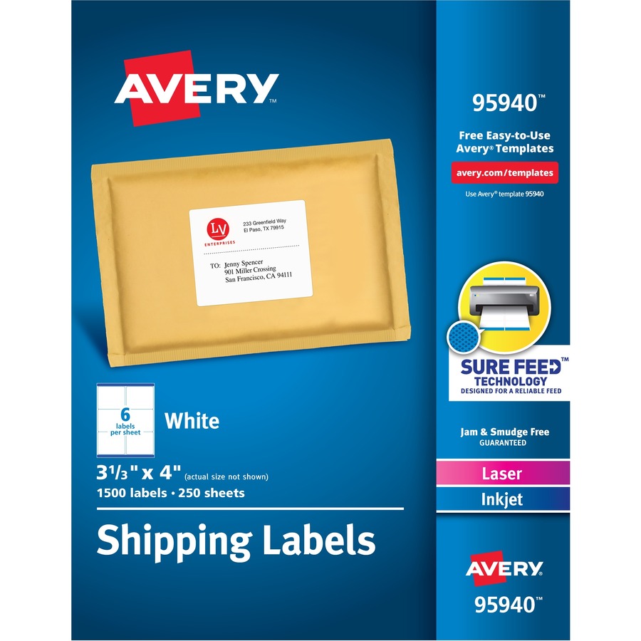 Avery&reg; Shipping Labels Sure Feed&reg; Technology Permanent Adhesive 3-1/3" x 4"  1500 Labels (95940)