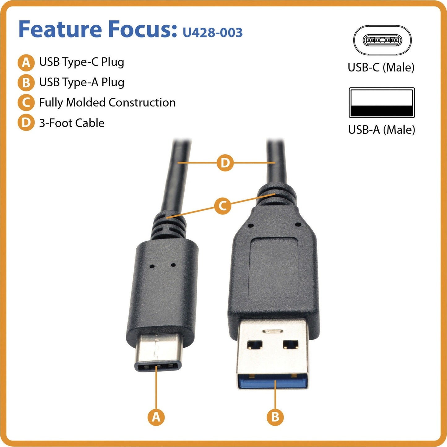 Tripp Lite USB-C to USB-A Cable (M/M) USB 3.2 Gen 1 (5 Gbps) Thunderbolt 3 Compatible 3 ft. (0.91 m)