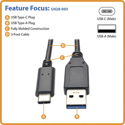 Tripp Lite USB-C to USB-A Cable (M/M) USB 3.2 Gen 1 (5 Gbps) Thunderbolt 3 Compatible 3 ft. (0.91 m)