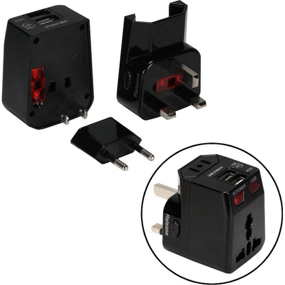 QVS Premium World Travel Power Adaptor with Surge Protection & 2.1A Dual-USB Charger