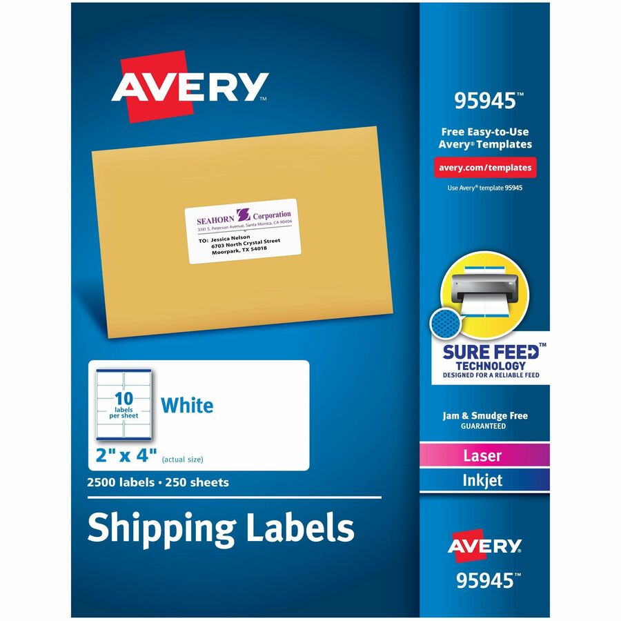 Avery&reg; Shipping Labels Sure Feed&reg; Technology Permanent Adhesive 2" x 4"  2500 Labels (95945)