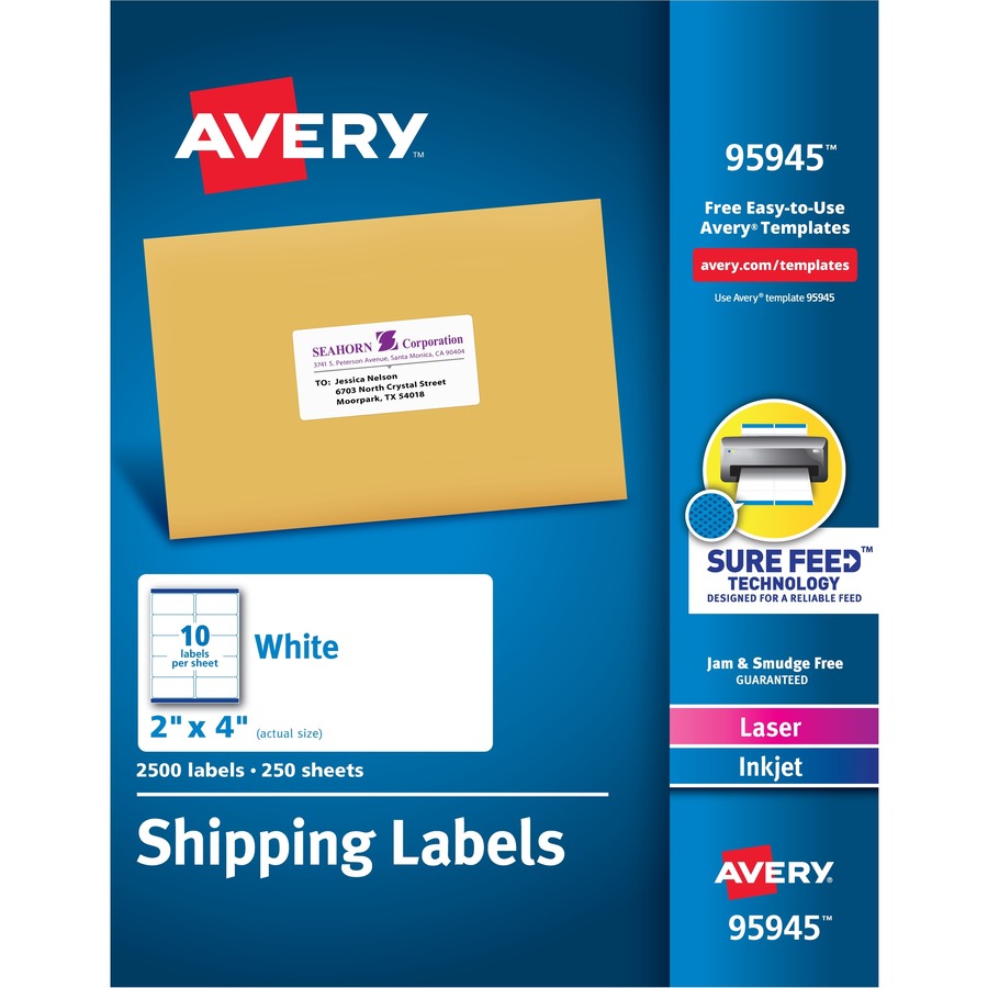 Avery&reg; Shipping Labels Sure Feed&reg; Technology Permanent Adhesive 2" x 4"  2500 Labels (95945)