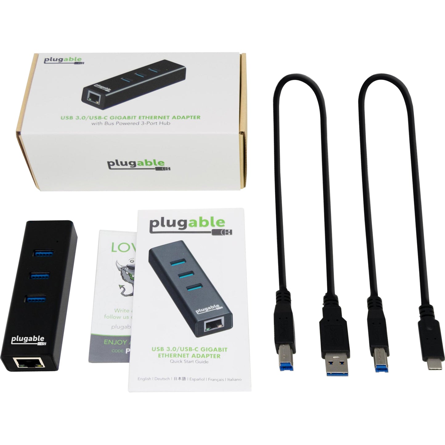 Plugable USB Hub with Ethernet 3 Port USB 3.0 Bus Powered Hub with Gigabit Ethernet