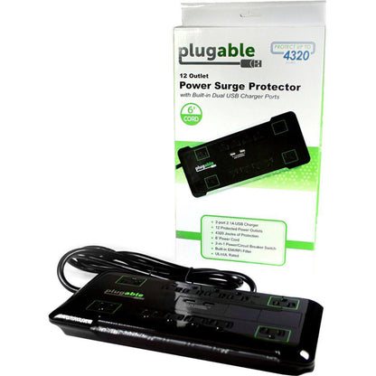 Plugable Surge Protector Power Strip with USB and 12 AC Outlets