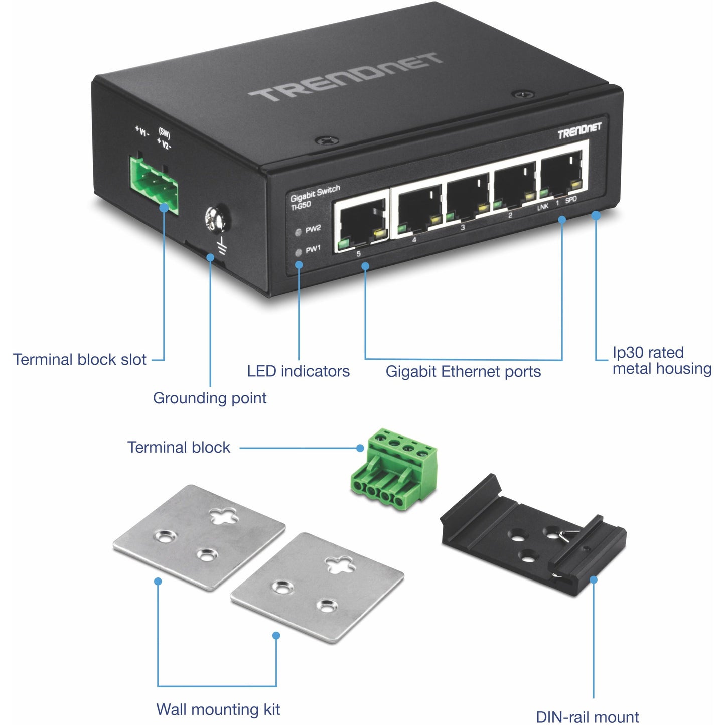TRENDnet 5-Port Hardened Industrial Gigabit DIN-Rail Switch 10 Gbps Switching Capacity IP30 Rated Network Switch (-40 to 167 ?F) DIN-Rail & Wall Mounts Included Lifetime Protection Black TI-G50