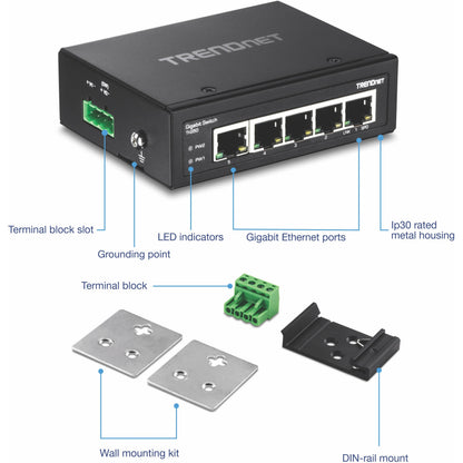 TRENDnet 5-Port Hardened Industrial Gigabit DIN-Rail Switch 10 Gbps Switching Capacity IP30 Rated Network Switch (-40 to 167 ?F) DIN-Rail & Wall Mounts Included Lifetime Protection Black TI-G50