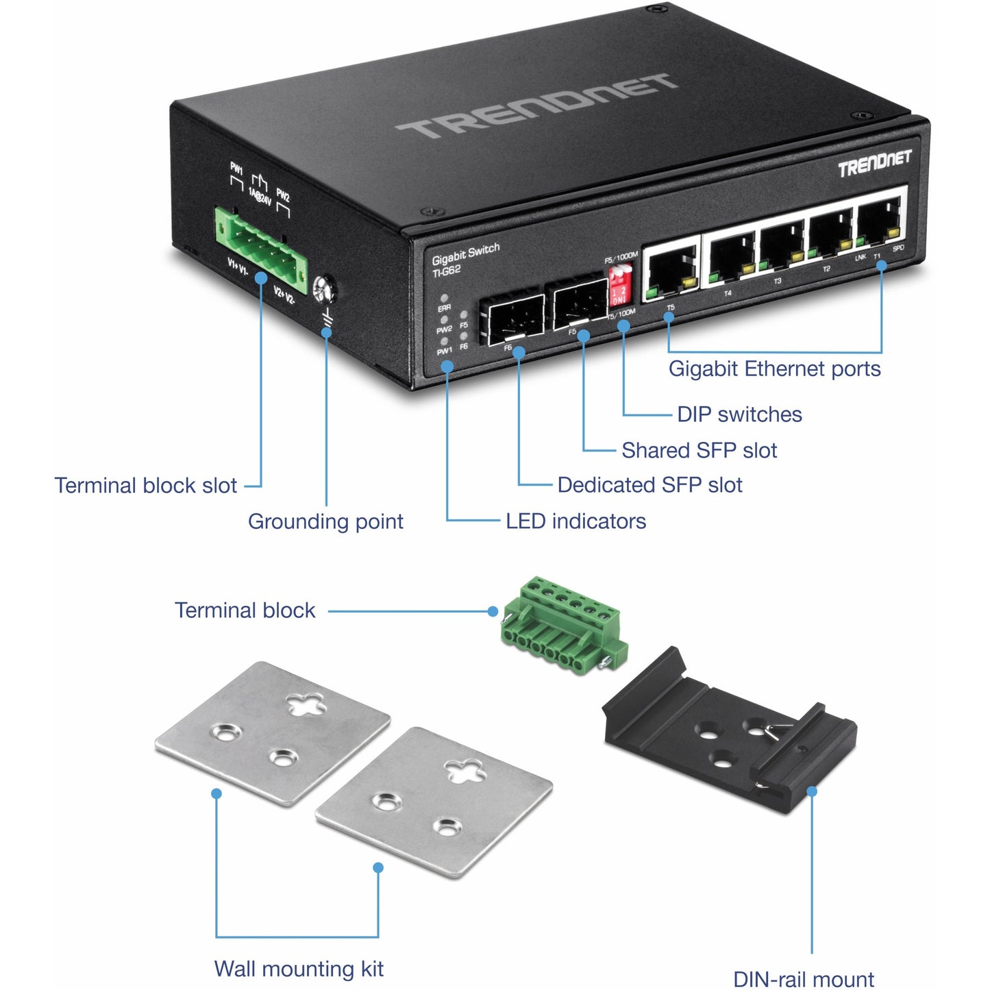 TRENDnet 6-Port Hardened Industrial Gigabit DIN-Rail Switch 12 Gbps Switching Capacity IP30 Rated Metal Housing -40 to 75 ÂºC (-40 to 167 ÂºF)DIN-Rail & Wall Mounts Included Lifetime Protection Black TI-G62