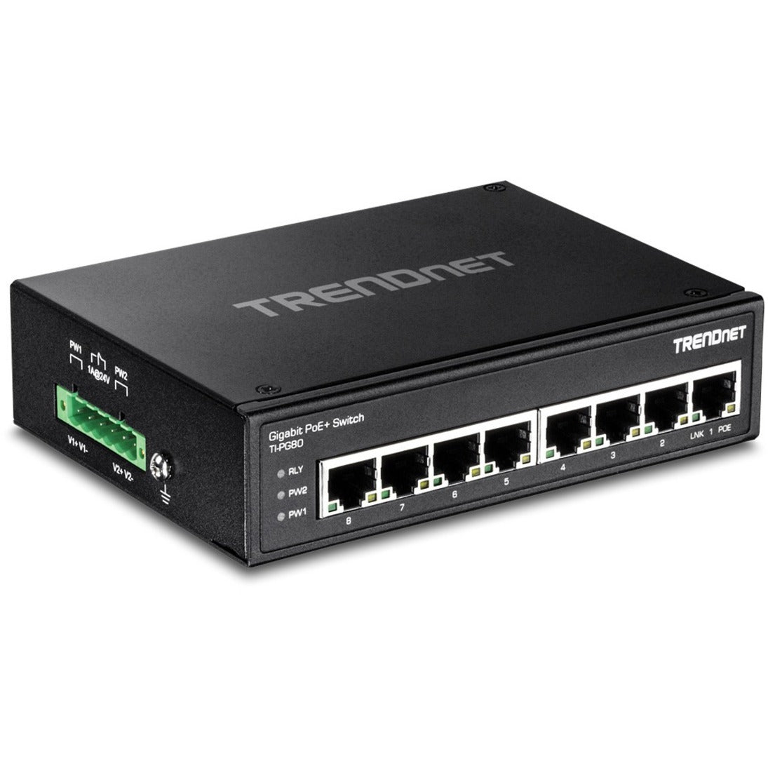 TRENDnet 8-Port Hardened Industrial Unmanaged Gigabit PoE+ DIN-Rail Switch 200W Full PoE+ Power Budget 16 Gbps Switching Capacity IP30 Rated Network Switch Lifetime Protection Black TI-PG80