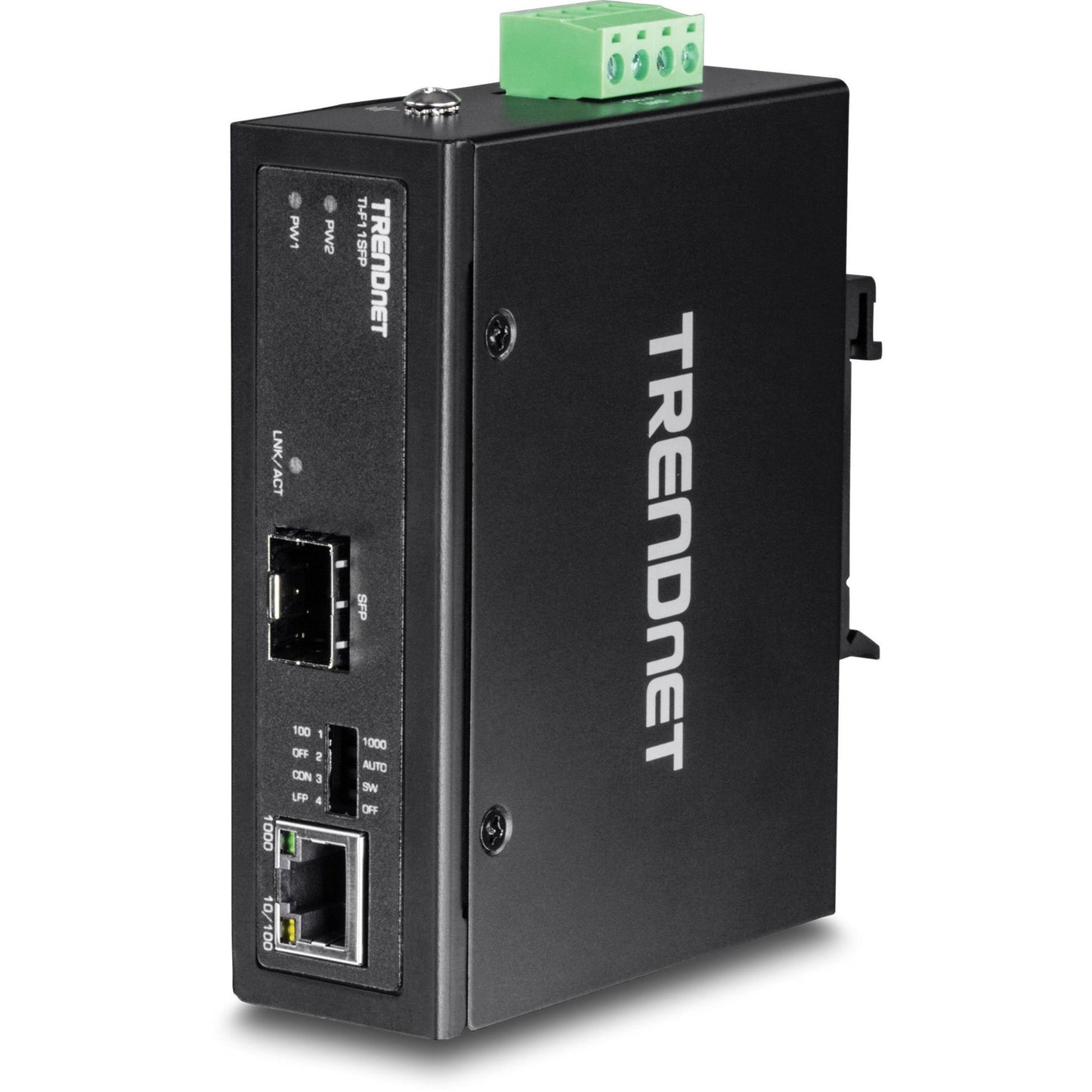 TRENDnet Hardened Industrial 100/1000 Base-T To SFP Media Converter DIN-Rail And Wall Mount Hardware Included Multi Or Single Mode Fiber Power Supply Sold Separately Black TI-F11SFP