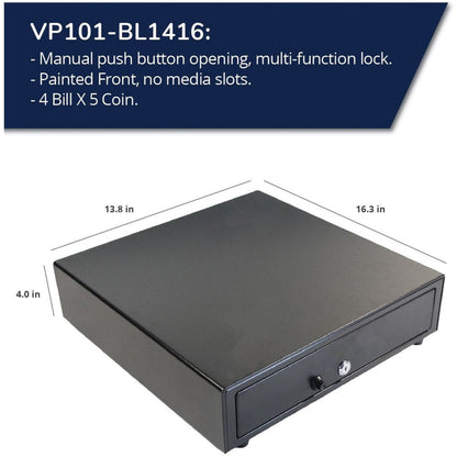 APG Manual 13.8" Point of Sale Cash Drawer | Vasario Series VP101-BL1416 | Push-Button Operation | Plastic Till with 4 Bill/ 5 Coin Compartments | Black