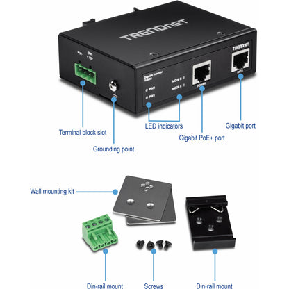 TRENDnet Hardened Industrial Gigabit PoE+ Injector DIN-Rail Wall Mount IP30 Rated Housing DIN-rail & Wall Mounts Included TI-IG30