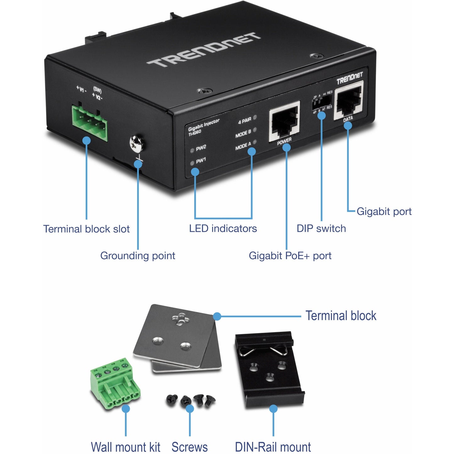 TRENDnet Hardened Industrial 60W Gigabit PoE+ Injector DIN-Rail Mount IP30 Rated Housing Includes DIN-rail & Wall Mounts TI-IG60