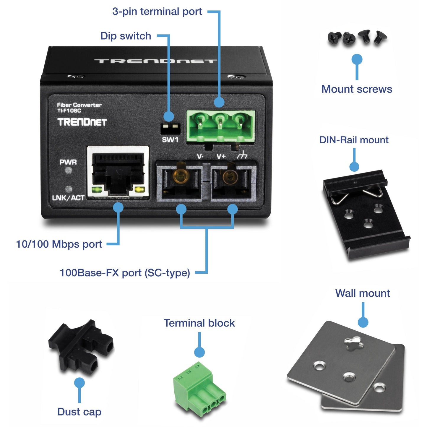 TRENDnet Hardened Industrial 100Base-FX Multi-Mode SC Fiber Converter; (2km; 1.2 Miles); IP40 Rated Housing; TI-F10SC