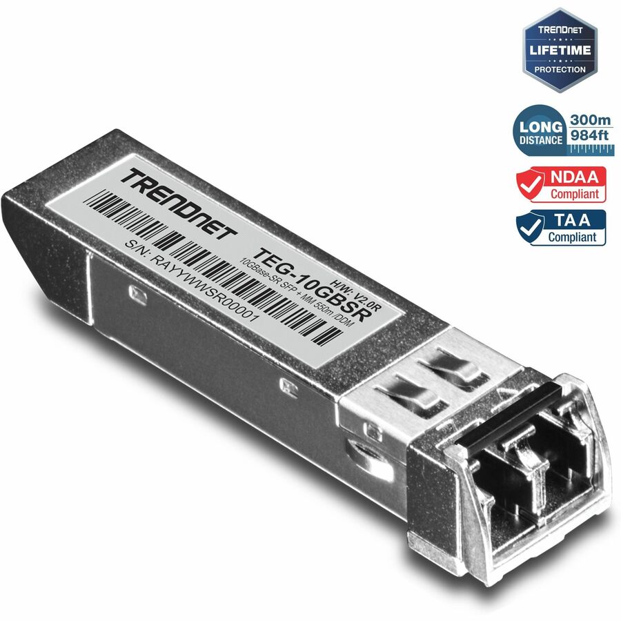 TRENDnet 10GBASE-SR SFP+ Multi Mode LC Module TEG-10GBSR Supports Distances up to 300m (984 feet) Hot Pluggable Fiber SFP+ Transceiver 850nm Wavelength Lifetime Protection Silver