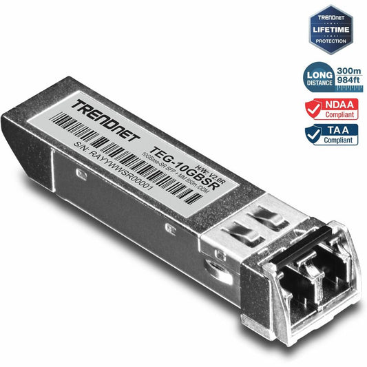 TRENDnet 10GBASE-SR SFP+ Multi Mode LC Module TEG-10GBSR Supports Distances up to 300m (984 feet) Hot Pluggable Fiber SFP+ Transceiver 850nm Wavelength Lifetime Protection Silver
