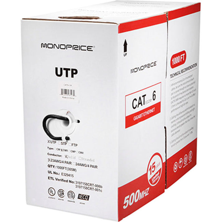 Monoprice Bulk Cat6 23AWG Solid UTP Riser-Rated (CMR) Ethernet Network Cable 1000ft Black