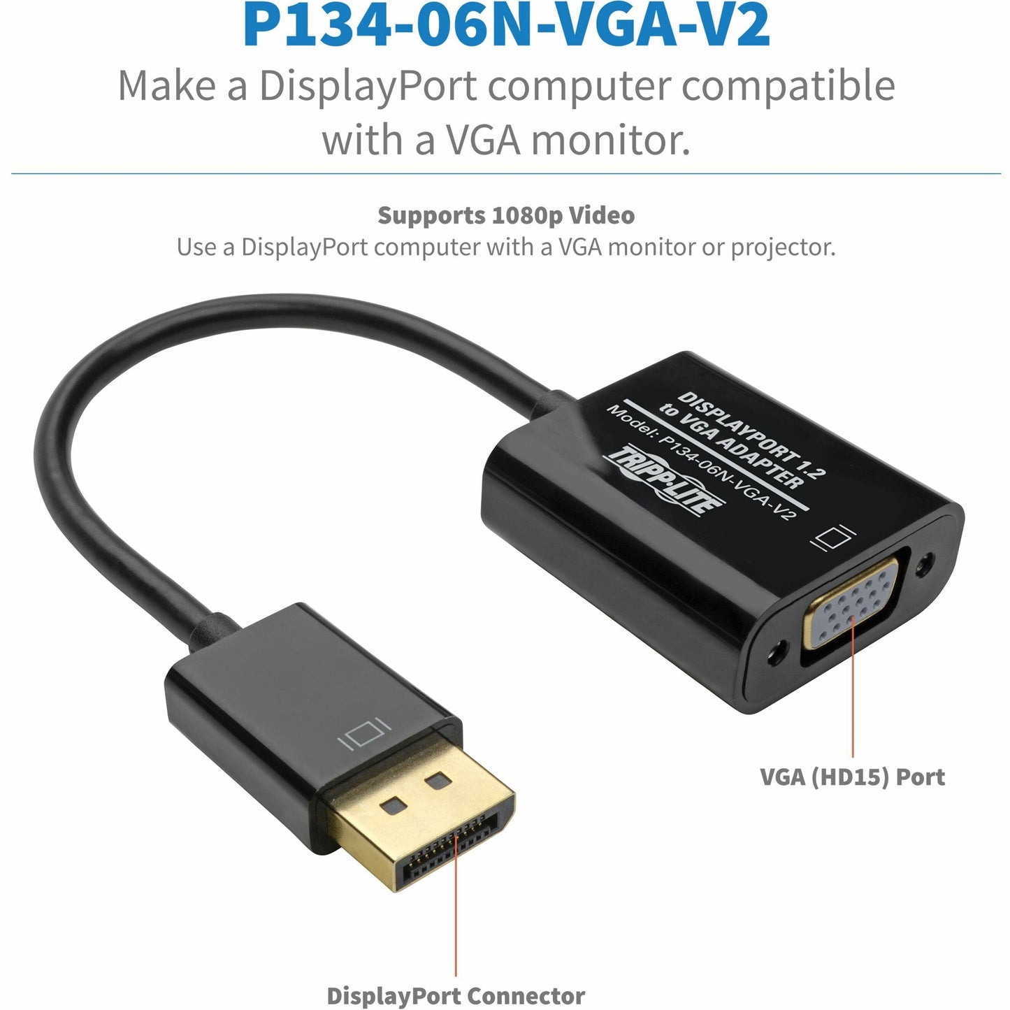 Tripp Lite DisplayPort to VGA Active Adapter Video Converter DP ver 1.2 (M/F) 6-in. (15.24 cm)