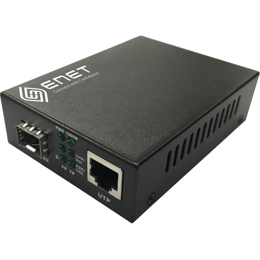 ENET 1x 10/100/1000M Copper RJ45 to 1x 1000Base-X SFP Gigabit Ethernet Fiber Media Converter Stand-Alone - Power Supply Included Chassis/Rack Mountable with one SFP slot (without SFP). The ENMC-FGET-SFP is capable of accepting a wide range of SFP modul