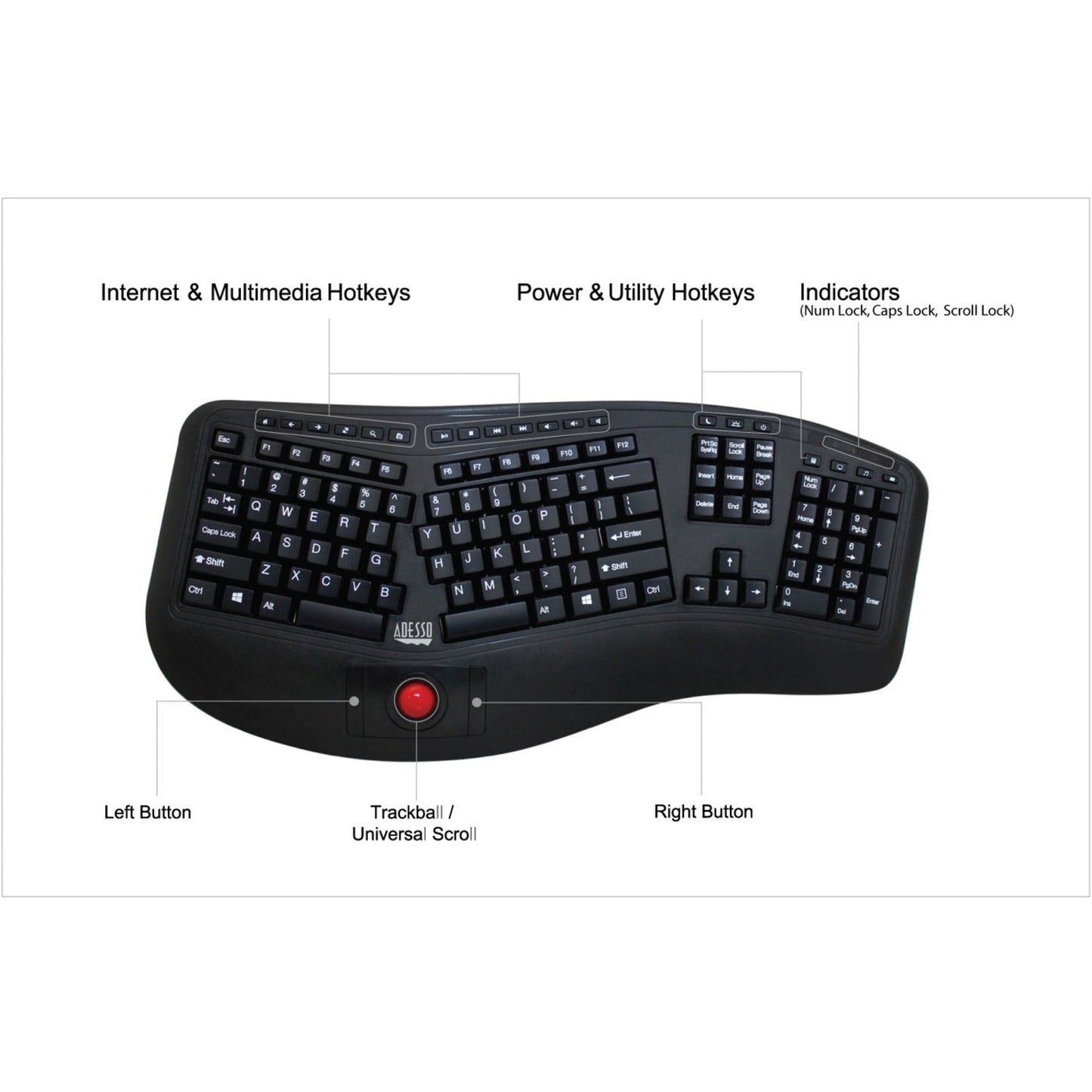 Adesso 2.4 GHz Wireless Ergonomic Trackball Keyboard