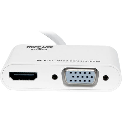 Tripp Lite Keyspan Mini DisplayPort to VGA/HDMI All-in-One Video Converter Adapter 4K 30Hz HDMI DP1.2 White 6-in. (15.24 cm)