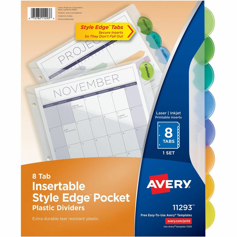 Avery&reg; Insertable Style Edge Plastic Dividers with Pockets 8-tab