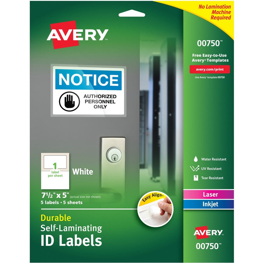 Avery&reg; Easy Align(R) Self-Laminating ID Labels Permanent Adhesive 7-1/2" x 5"  5 Labels (00750)